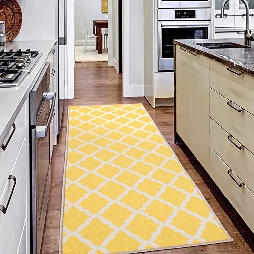 Machine Washable Moroccan Trellis Design Non-Slip Rubberback 2x5 Traditional Indoor Runner Rug for Hallway, Kitchen, Bedroom, Entryway, 20" x 59", Yellow