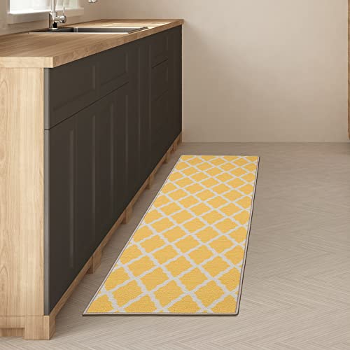 Machine Washable Moroccan Trellis Design Non-Slip Rubberback 2x5 Traditional Indoor Runner Rug for Hallway, Kitchen, Bedroom, Entryway, 20" x 59", Yellow