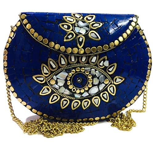 Blue stone mosaic metal bag antique ethnic clutch indian antique purse party clutch women bag…