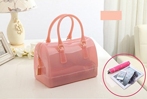 Ladies Summer Jelly Pillow-shaped Top Handle Handbag Candy Color Transparent Crystal Purse (Pink)