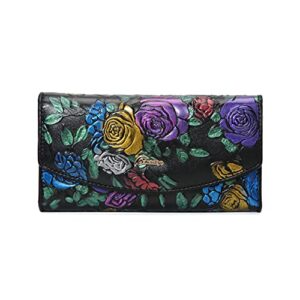 artseye roses embossed genuine leather trifold wallet purse (black)