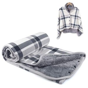 forestfish fleece wearable blanket, plaid lap blanket comfy poncho throw with buttons for bed sofa office, grey-white