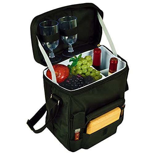 Picnic at Ascot Wine and Cheese Picnic Basket/Cooler with hardwood cutting Board, Cheese Knife and Corkscrew - Black