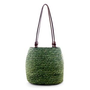qtkj women retro bucket straw bag handwoven rattan beach tote shoulder bag with brown bead (green)