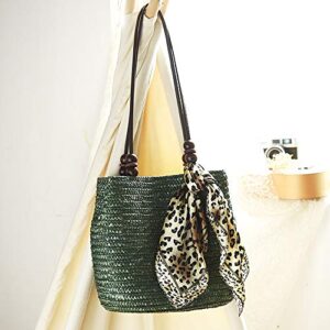 QTKJ Women Retro Bucket Straw Bag Handwoven Rattan Beach Tote Shoulder Bag with Brown Bead (Green)