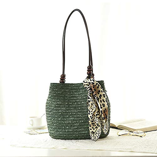 QTKJ Women Retro Bucket Straw Bag Handwoven Rattan Beach Tote Shoulder Bag with Brown Bead (Green)