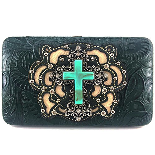 Justin West Tooled Turquoise Stone Cross Rhinestone Laser Cut Shoulder Chain Concealed Carry Handbag Purse Wallet Messenger (Olive Handbag and Wallet)