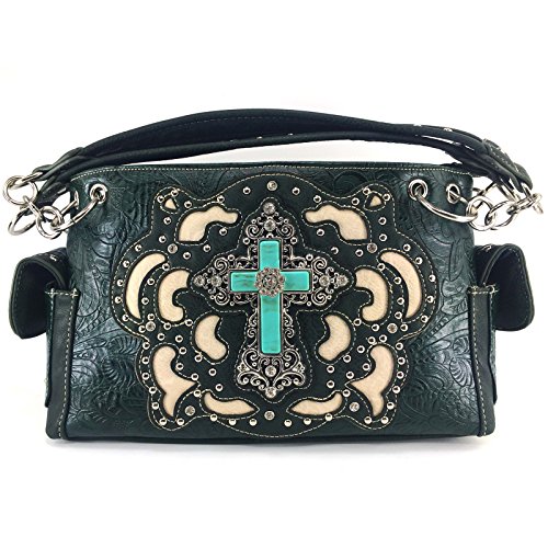 Justin West Tooled Turquoise Stone Cross Rhinestone Laser Cut Shoulder Chain Concealed Carry Handbag Purse Wallet Messenger (Olive Handbag and Wallet)