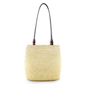 qtkj women retro bucket straw bag handwoven rattan beach tote shoulder bag with brown bead (beige)