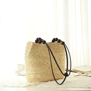 QTKJ Women Retro Bucket Straw Bag Handwoven Rattan Beach Tote Shoulder Bag with Brown Bead (Beige)