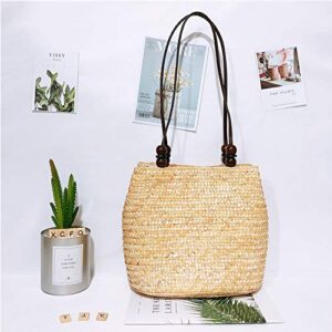 QTKJ Women Retro Bucket Straw Bag Handwoven Rattan Beach Tote Shoulder Bag with Brown Bead (Beige)