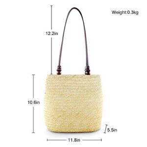 QTKJ Women Retro Bucket Straw Bag Handwoven Rattan Beach Tote Shoulder Bag with Brown Bead (Beige)