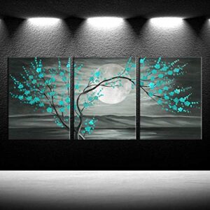 iknow foto 3pcs grey and teal floral canvas prints framed plum blossom tree oil painting printed on canvas gallery wrapped full moon flower pictures living room traditional paintings 12x16x3pcs