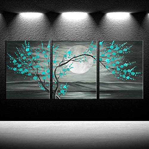 iKNOW FOTO 3pcs Grey and Teal Floral Canvas Prints Framed Plum Blossom Tree Oil Painting Printed on Canvas Gallery Wrapped Full Moon Flower Pictures Living Room Traditional Paintings 12x16x3pcs