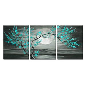 iKNOW FOTO 3pcs Grey and Teal Floral Canvas Prints Framed Plum Blossom Tree Oil Painting Printed on Canvas Gallery Wrapped Full Moon Flower Pictures Living Room Traditional Paintings 12x16x3pcs