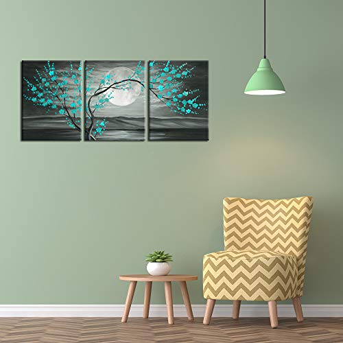 iKNOW FOTO 3pcs Grey and Teal Floral Canvas Prints Framed Plum Blossom Tree Oil Painting Printed on Canvas Gallery Wrapped Full Moon Flower Pictures Living Room Traditional Paintings 12x16x3pcs