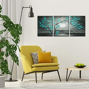 iKNOW FOTO 3pcs Grey and Teal Floral Canvas Prints Framed Plum Blossom Tree Oil Painting Printed on Canvas Gallery Wrapped Full Moon Flower Pictures Living Room Traditional Paintings 12x16x3pcs