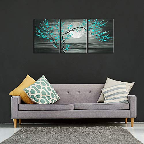 iKNOW FOTO 3pcs Grey and Teal Floral Canvas Prints Framed Plum Blossom Tree Oil Painting Printed on Canvas Gallery Wrapped Full Moon Flower Pictures Living Room Traditional Paintings 12x16x3pcs