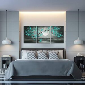 iKNOW FOTO 3pcs Grey and Teal Floral Canvas Prints Framed Plum Blossom Tree Oil Painting Printed on Canvas Gallery Wrapped Full Moon Flower Pictures Living Room Traditional Paintings 12x16x3pcs