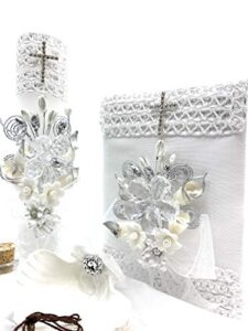 baptism candle set with flowers and crystal decoration