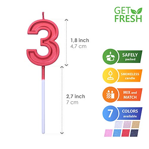 GET FRESH Number 3 Birthday Candle – Red Number Three Candle on Stick – Elegant Red Number Candles for Birthday Anniversary Wedding – Perfect Baby’s 3rd Birthday Candle for Cake – Red 3 Candle