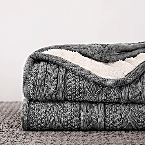 Longhui bedding Acrylic Cable Knit Sherpa Throw Blanket - Thick, Soft, Big, Cozy Grey Knitted Fleece Blankets for Couch, Sofa, Bed - 60 x 80 Inches Gray Coverlet, 5.2 Pounds