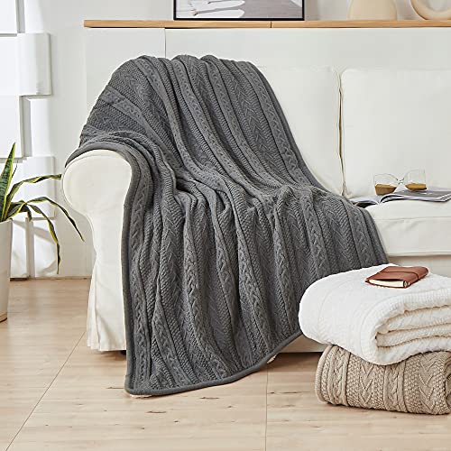 Longhui bedding Acrylic Cable Knit Sherpa Throw Blanket - Thick, Soft, Big, Cozy Grey Knitted Fleece Blankets for Couch, Sofa, Bed - 60 x 80 Inches Gray Coverlet, 5.2 Pounds