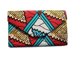 red, turquoise, white african print clutch purse