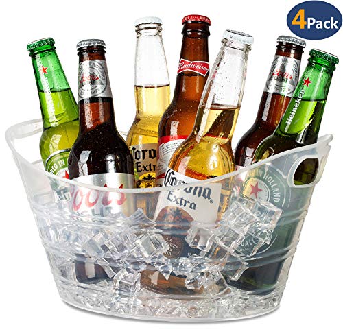 Zilpoo 4 Pack - Plastic Oval Storage Tub, 4.5 Liter Wine, Beer Bottle Drink Cooler, Parties Ice Bucket, Party Beverage Chiller Bin, Baskets, Clear