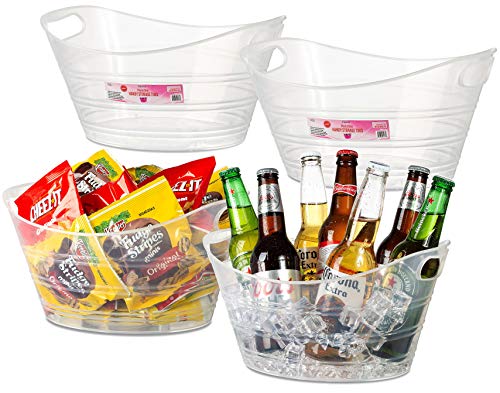 Zilpoo 4 Pack - Plastic Oval Storage Tub, 4.5 Liter Wine, Beer Bottle Drink Cooler, Parties Ice Bucket, Party Beverage Chiller Bin, Baskets, Clear