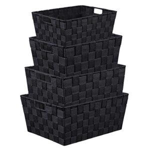 leavinsky woven storage box, woven strap storage basket bin container, stackable storage basket, woven strap shelf organizer, nylon storage basket for closet, office, 4 pack, black