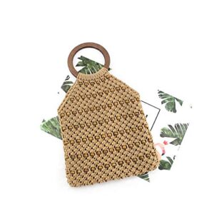 qtkj hand-woven cotton hollow out beaded tote bag for women boho beach crochet bag handbag with wooden round handle (brown)
