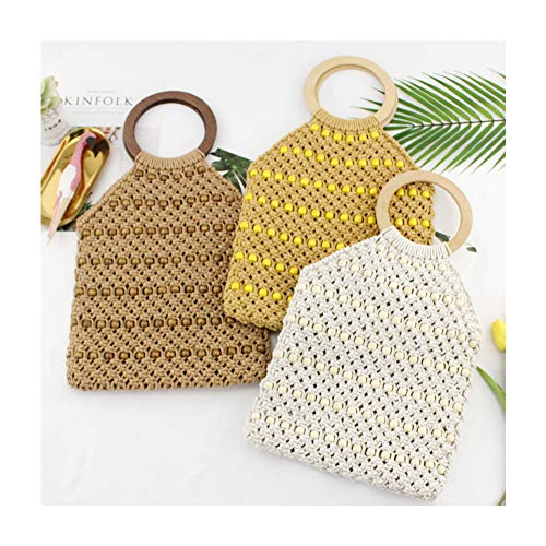 QTKJ Hand-woven Cotton Hollow Out Beaded Tote Bag for Women Boho Beach Crochet Bag Handbag with Wooden Round Handle (Brown)