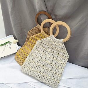 QTKJ Hand-woven Cotton Hollow Out Beaded Tote Bag for Women Boho Beach Crochet Bag Handbag with Wooden Round Handle (Brown)