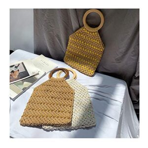 QTKJ Hand-woven Cotton Hollow Out Beaded Tote Bag for Women Boho Beach Crochet Bag Handbag with Wooden Round Handle (Brown)