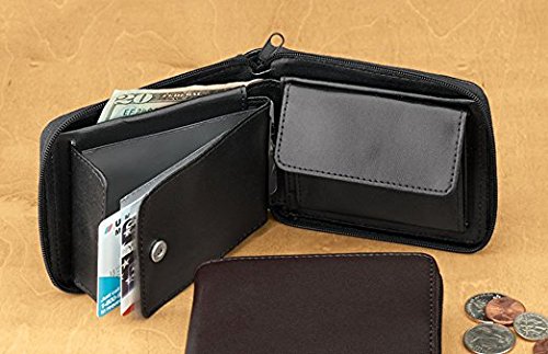 Miles Kimball Genuine Leather Wallet, Zipper Closure - Measures 9 1/2" Long x 3 1/2" Wide Open, Black