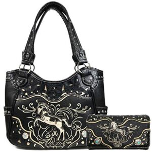 zelris western rearing horse embroidered pu leather concealed carry women tote purse with matching wallet set (black)