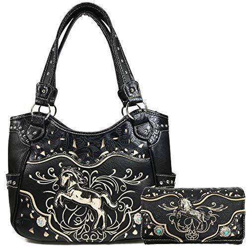 Zelris Western Rearing Horse Embroidered PU Leather Concealed Carry Women Tote Purse with Matching Wallet Set (Black)