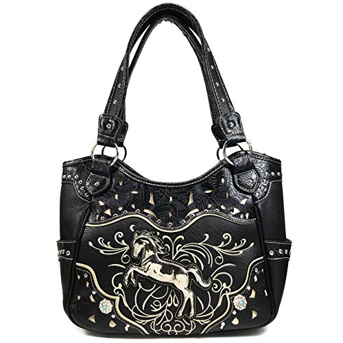 Zelris Western Rearing Horse Embroidered PU Leather Concealed Carry Women Tote Purse with Matching Wallet Set (Black)