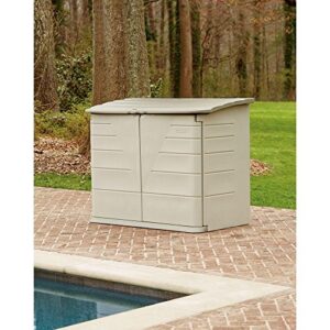 Rubbermaid Large Horizontal Resin Weather Resistant Outdoor Storage Shed, 32 cubic ft., Olive Steel/Sandstone, for Garden/Backyard/Home/Pool