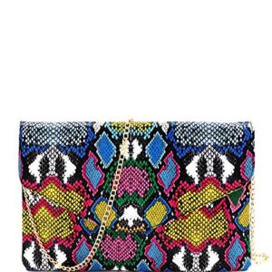 trendeology snake print leather envelope clutch purse with crossbody chain strap (envelope style – multi)