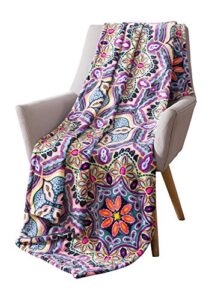 boho velvet fleece throw blanket: soft plush bright decorative paisley patterned accent for couch or bed, colored: teal hot pink purple yellow black