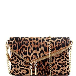 trendeology fashion pu leather 2 way flap clutch wristlet bag with chain shoulder strap (1leopard print – 1tan)