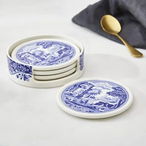 Spode Blue Italian Coasters for Drinks | Set of 4 | Ceramic Coasters and Holder | Tabletop Protection | Housewarming or Birthday Gift | Round (Blue/White)