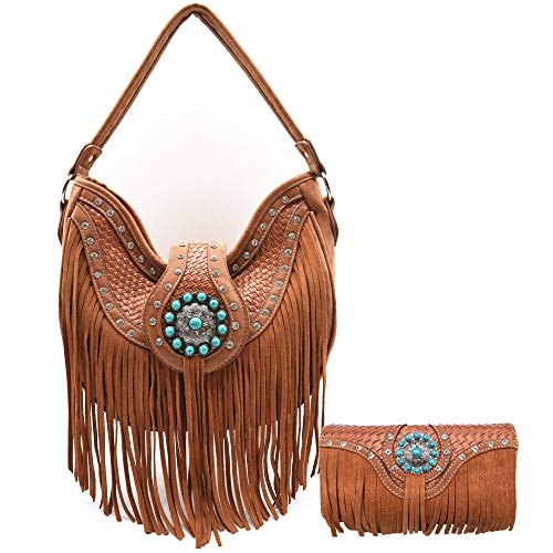 Western Style Fringe Conchos Leather Concealed Carry Purse Country Handbag Women Shoulder Bag Wallet Set (Brown)