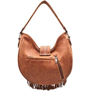 Western Style Fringe Conchos Leather Concealed Carry Purse Country Handbag Women Shoulder Bag Wallet Set (Brown)