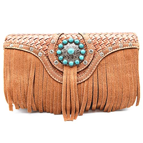 Western Style Fringe Conchos Leather Concealed Carry Purse Country Handbag Women Shoulder Bag Wallet Set (Brown)