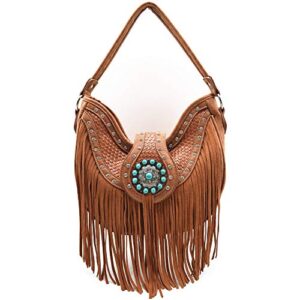 Western Style Fringe Conchos Leather Concealed Carry Purse Country Handbag Women Shoulder Bag Wallet Set (Brown)