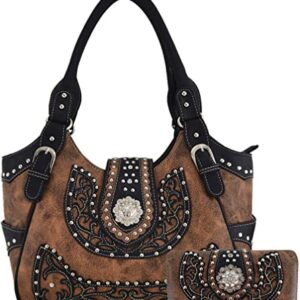 Western Style Berry Conchos Cowgirl Country Conceal Carry Purses Crossbody Handbags Women Shoulder Bags Wallet Set Brown