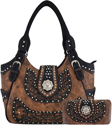 Western Style Berry Conchos Cowgirl Country Conceal Carry Purses Crossbody Handbags Women Shoulder Bags Wallet Set Brown